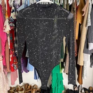 Black Sheer Mesh Long Sleeve Glitter Constellation Bodysuit | Size : S